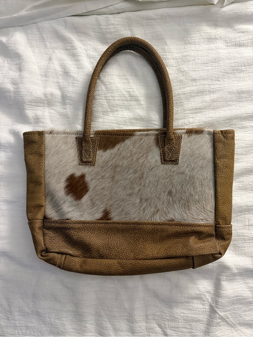 Myra Brown and White Cowhide Leather Small Tote/Shoulder Bag - Women